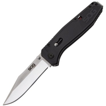 SOG FLA1001CP Flare, 3.5" Satin Polished Clip Point Plain Blade, Black GRN Handle