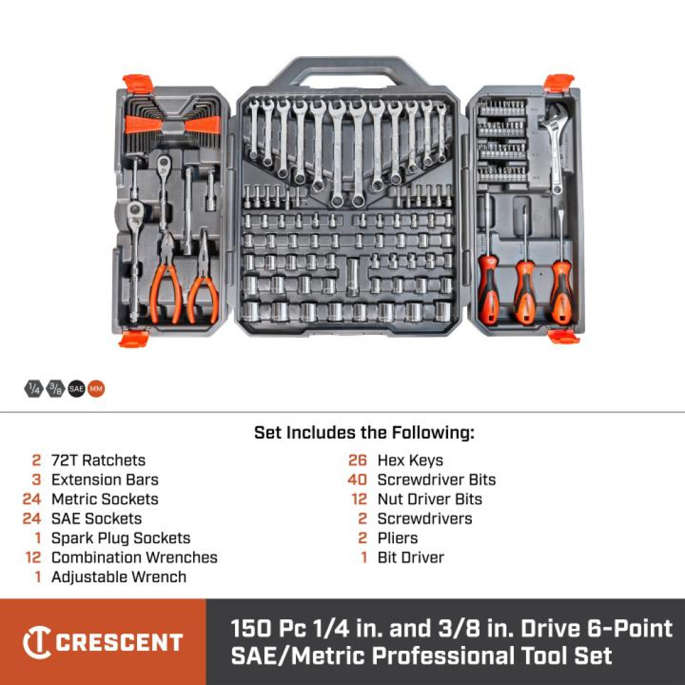 Crescent 150 Pc. 1/4" & 3/8" Drive 6 Point SAE/Metric Professional Tool Set