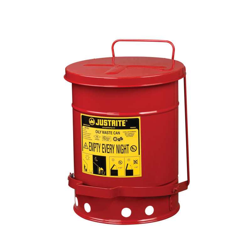 Justrite Oily Waste Can, 6 Gallon, Foot-operated Self-closing Cover, Red.