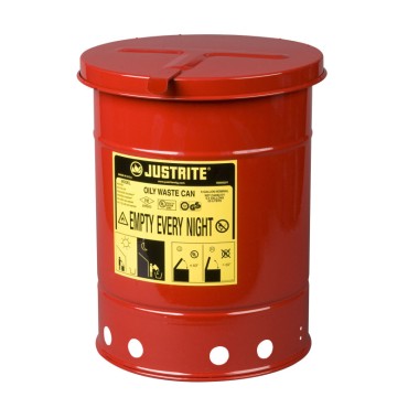 Justrite Oily Waste Can, 6 Gallon, Hand-operated Cover, Red.