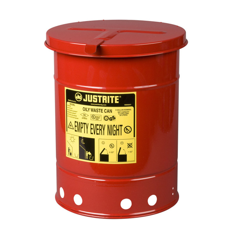 Justrite Oily Waste Can, 6 Gallon, Hand-operated Cover, Red.