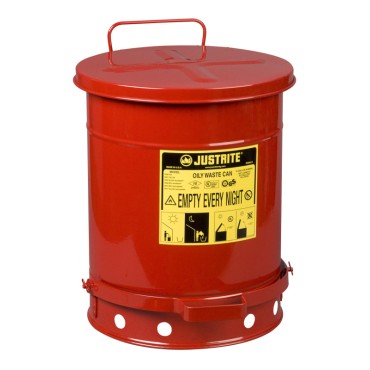Justrite Oily Waste Can, 10 Gallon, Foot-operated Self-closing Cover, Red.