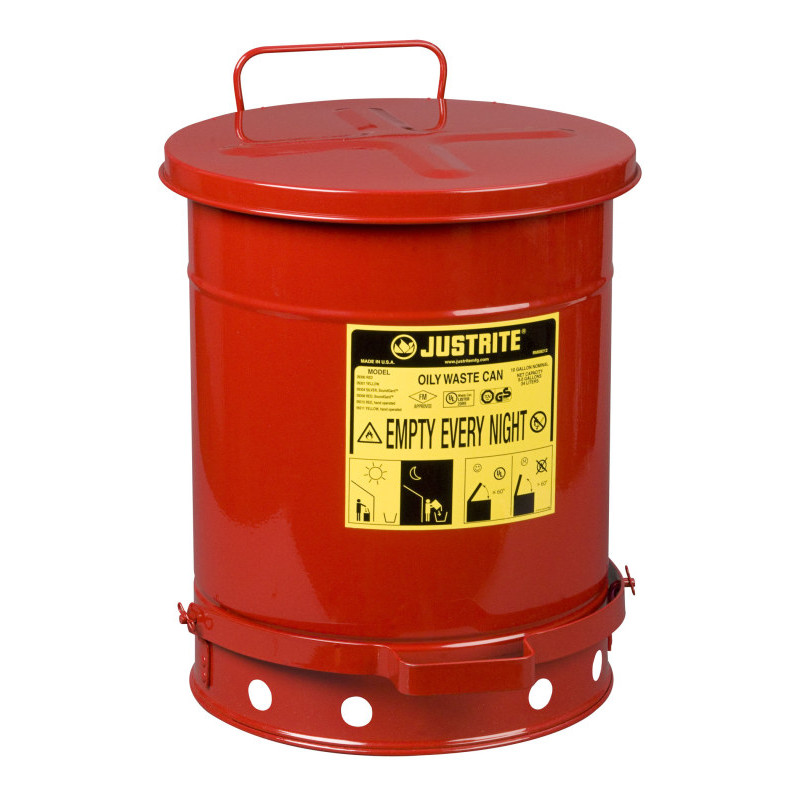 Justrite Oily Waste Can, 10 Gallon, Foot-operated Self-closing Cover, Red.
