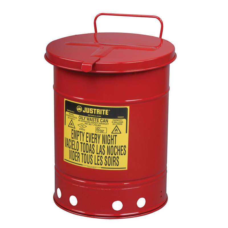Justrite Oily Waste Can, 10 Gallon, Hand-operated Cover, Red.