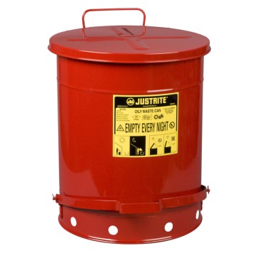 Justrite Oily Waste Can, 14 Gallon, Foot-operated Self-closing Cover, Red.