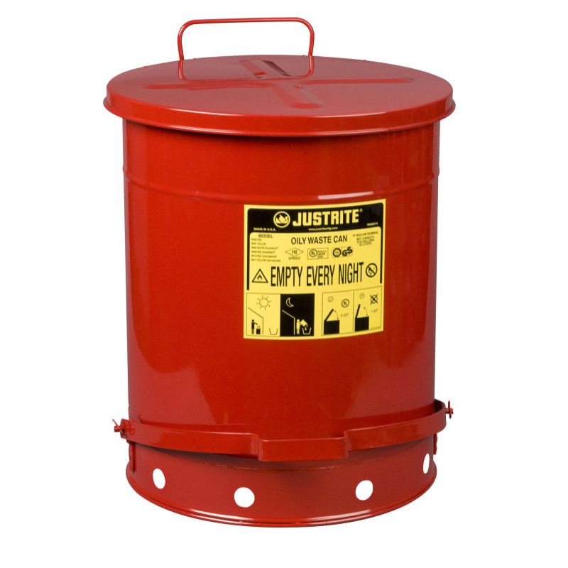 Justrite Oily Waste Can, 14 Gallon, Foot-operated Self-closing Cover, Red.