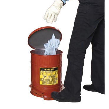 Justrite Oily Waste Can, 14 Gallon, Foot-operated Self-closing Soundgard™ Cover, Red.