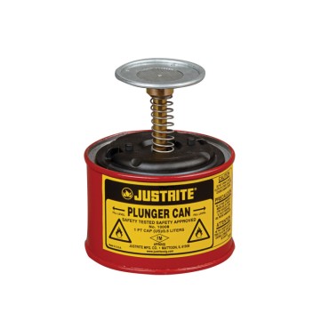 Justrite Plunger Dispensing Can, 1 Pint, Perforated Pan Screen Serves As Flame Arrester, Steel, Red.