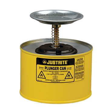 Justrite Plunger Dispensing Can, 2 Quart, Perforated Pan Screen Serves As Flame Arrester, Steel, Yellow.