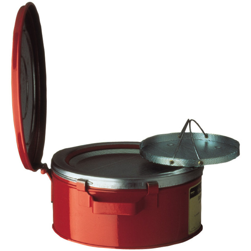Justrite Bench Can With Parts Basket, 1 Gallon, Plated Steel Dasher, Hinged Cover, Steel, Red