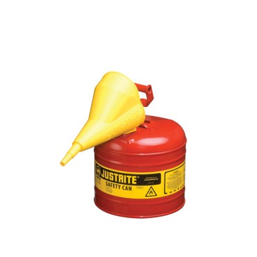 Justrite Type I Steel Safety Can For Flammables, Funnel 11202y, 2 Gallon, S/s Flame Arrester, S/c Lid, Red.