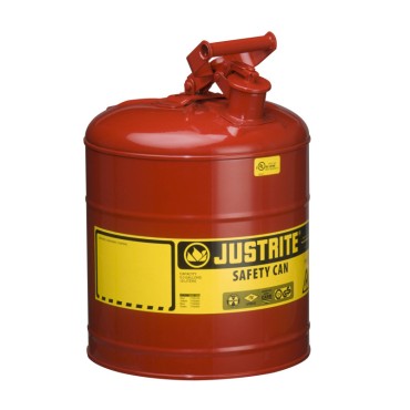 Justrite Type I Steel Safety Can For Flammables, 5 Gallon, S/s Flame Arrester, Self-close Lid, Red.