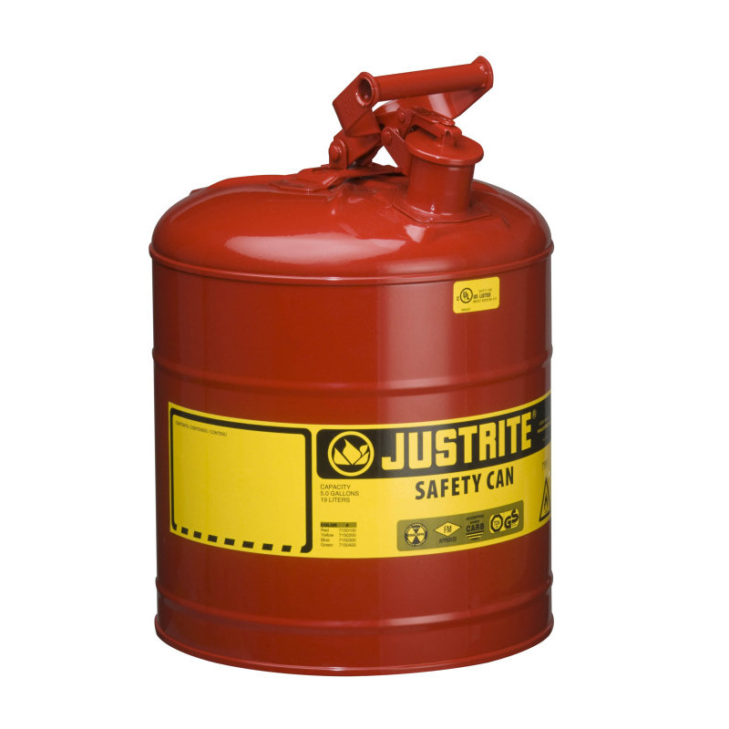 Justrite Type I Steel Safety Can For Flammables, 5 Gallon, S/s Flame Arrester, Self-close Lid, Red.
