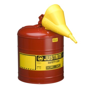 Justrite Type I Steel Safety Can For Flammables, Funnel 11202y, 5 Gallon, S/s Flame Arrester, S/c Lid, Red.