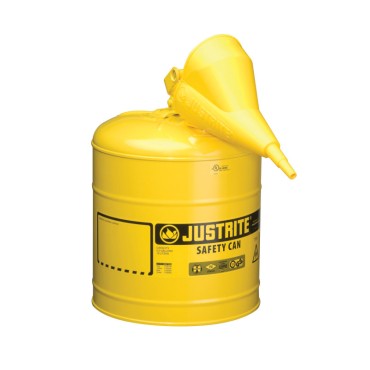 Justrite Type I Steel Safety Can For Flammables, Funnel 11202y, 5 Gallon, S/s Flame Arrester, S/c Lid, Yellw.