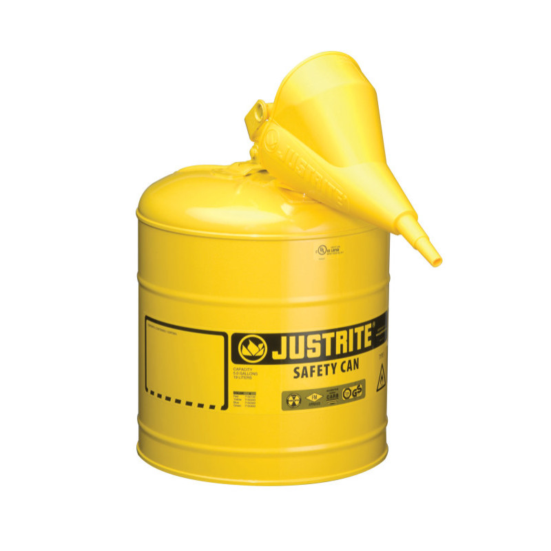 Justrite Type I Steel Safety Can For Flammables, Funnel 11202y, 5 Gallon, S/s Flame Arrester, S/c Lid, Yellw.