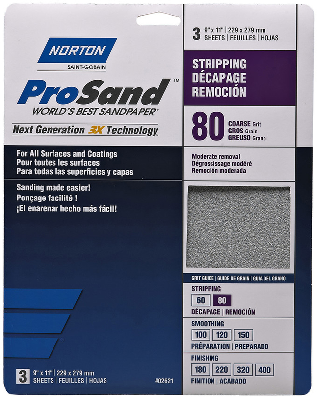 Norton 02621 3X Handy Aluminum-Oxide Sandpaper 80 Grit 9-Inch x 11-Inch 3-Pack